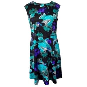 London Times Floral Midi Dress Knit Black Turquoise Green Blue Purple A Line 14W